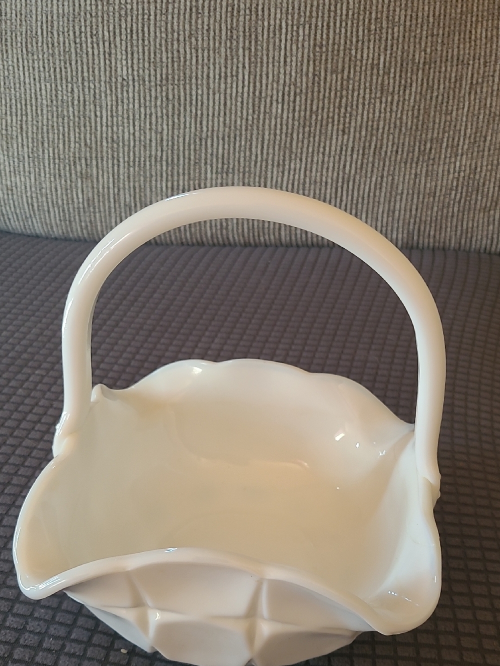 Vintage White Milk Glass Ruffled Basket With Handle